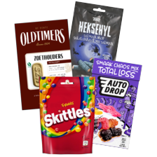 Autodrop, Oldtimers
of Toms Heksehyl
zakje/doosje à 235-300 gram
of Skittles zak à 152 gram